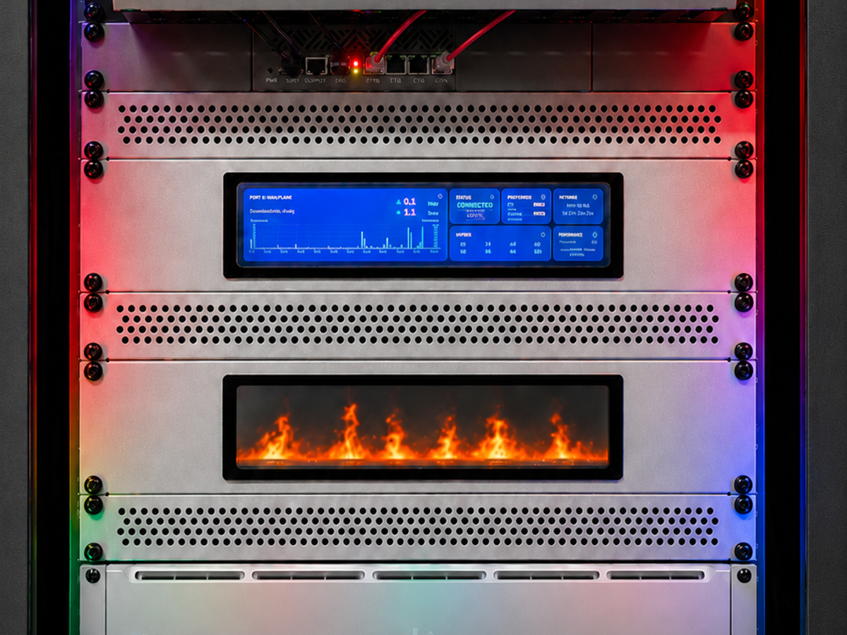 Custom 2RU 19-inch rack panel with Waveshare 11.9 inch touchscreen installed in a homelab rack